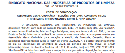 SIPLA: Eleição de Diretoria, Conselho Fiscal e Delegados Representantes 19/09/2024